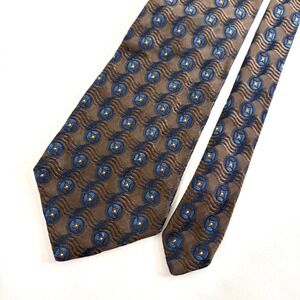 Benjamin James Silk Tie Brown Blue Geometric Medallion Made in England